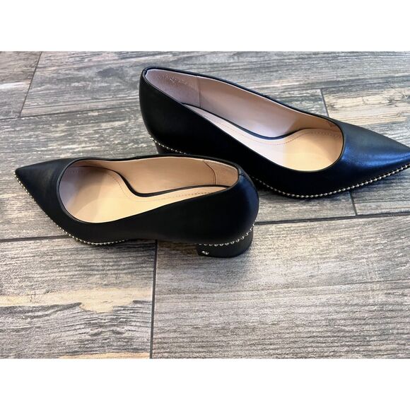 Coach Willa Women 8.5B Black Leather Pointed Toe Block Heel Pumps Gold Bead Logo - Picture 5 of 10